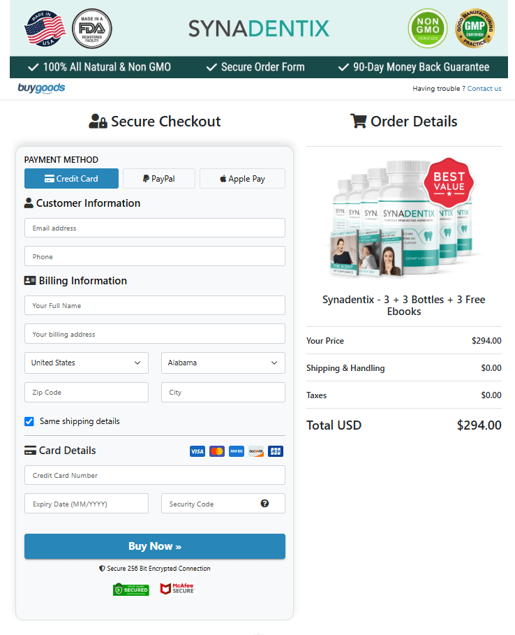 Synadentix secure checkout page